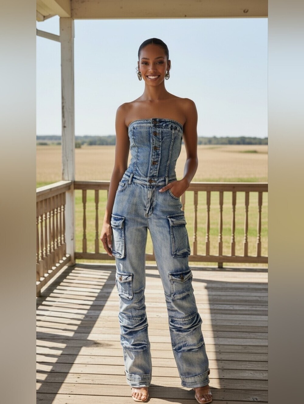 Acid Wash Denim Strapless Cargo Jumpsuit Wide Leg Light Wash Y2K Plus Size 2X